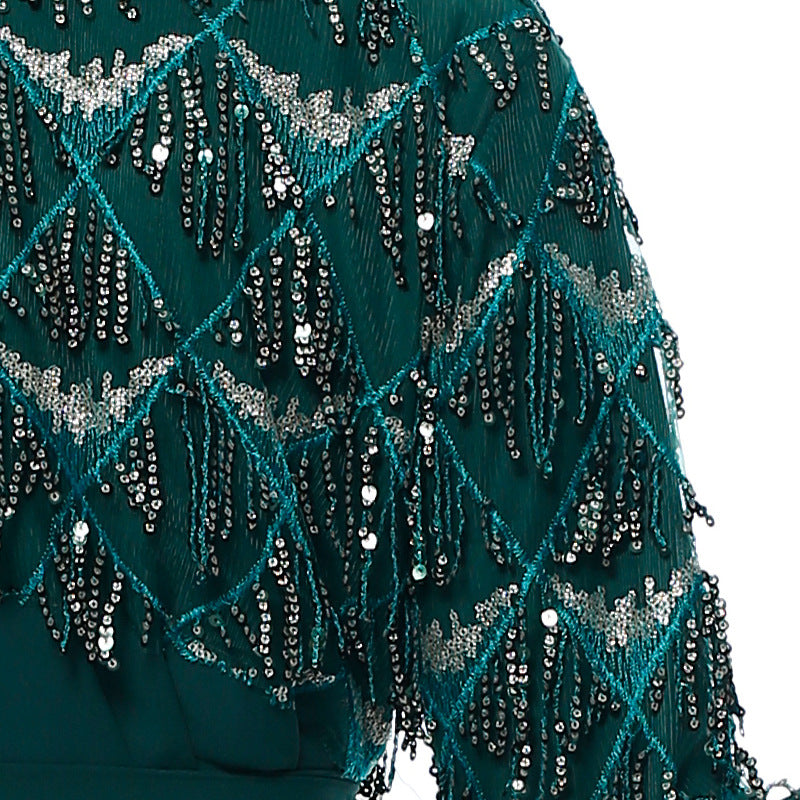 Sequined Tassel Chiffon Outer Flare Sleeve Female Muslim Long Skirt