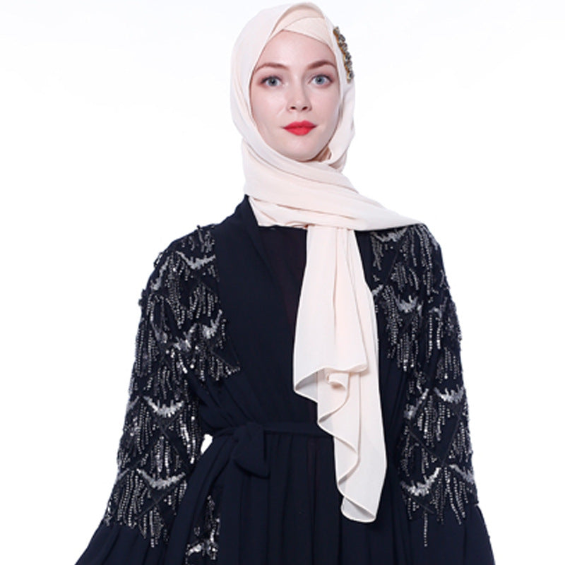 Sequined Tassel Chiffon Outer Flare Sleeve Female Muslim Long Skirt