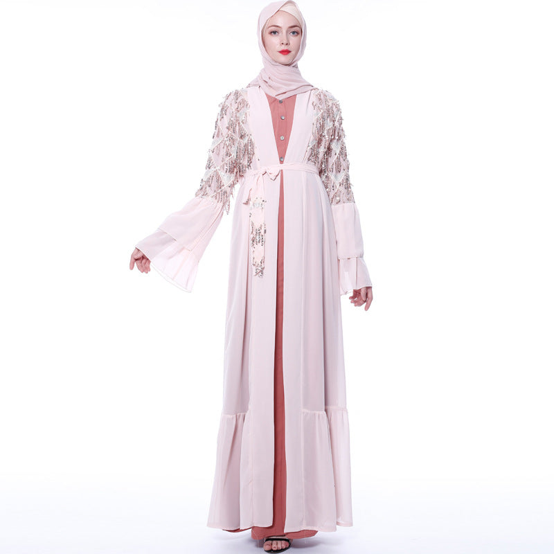 Sequined Tassel Chiffon Outer Flare Sleeve Female Muslim Long Skirt