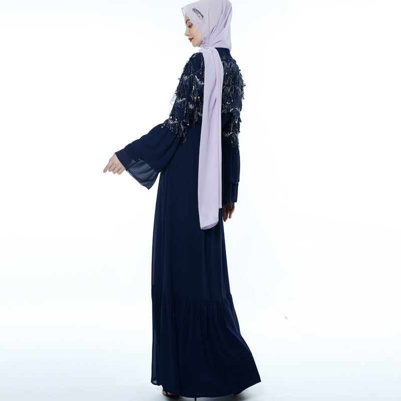Sequined Tassel Chiffon Outer Flare Sleeve Female Muslim Long Skirt